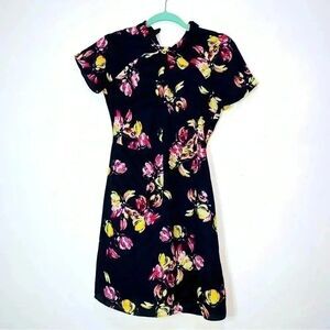 Banana Republic Navy Blue Floral Cutout Twist Neck Fit Flare Dress Size 2Petite